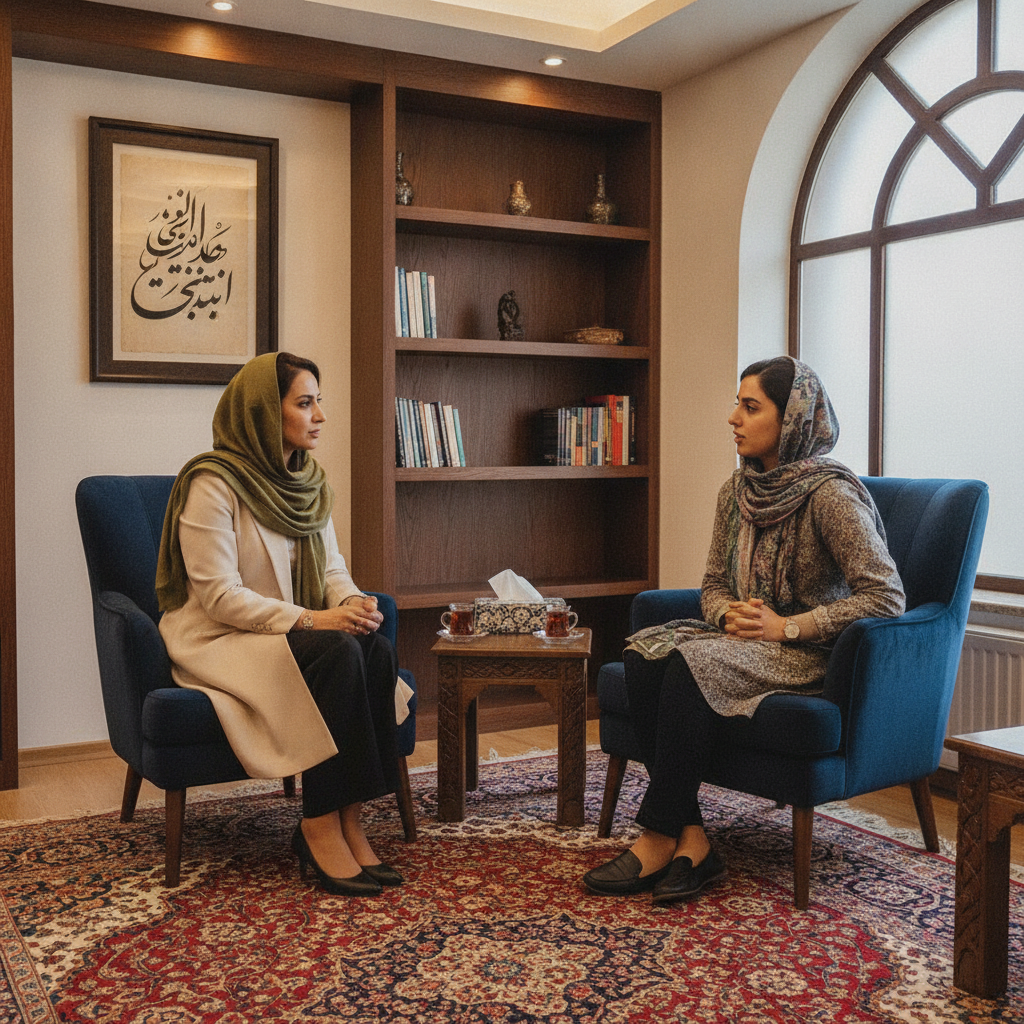 warm professional editorial portrait of a smiling Iranian female psychologist therapist in her 30s, 